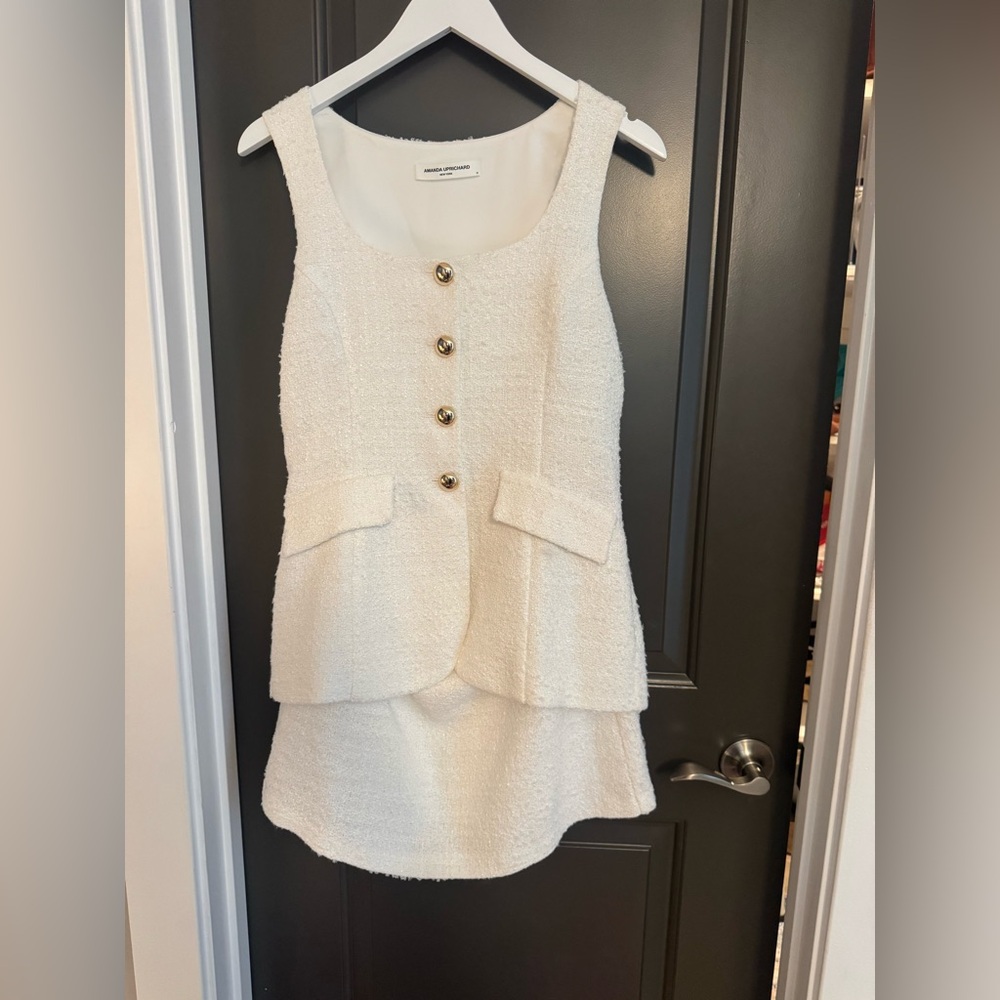 Amanda Uprichard Tweed Cream Skort Romper with Gold Accents